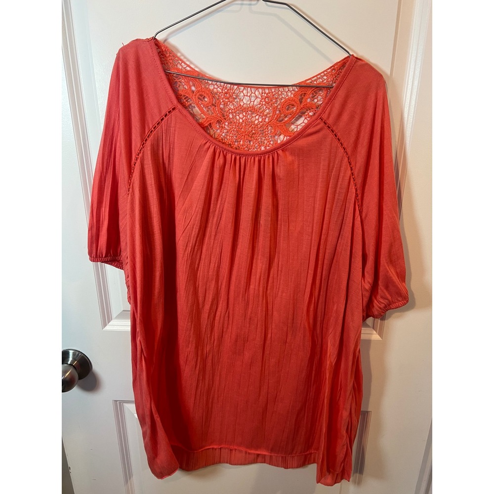 Inspire Womens Blouse Crochet Lace‎ Yoke Coral 3X